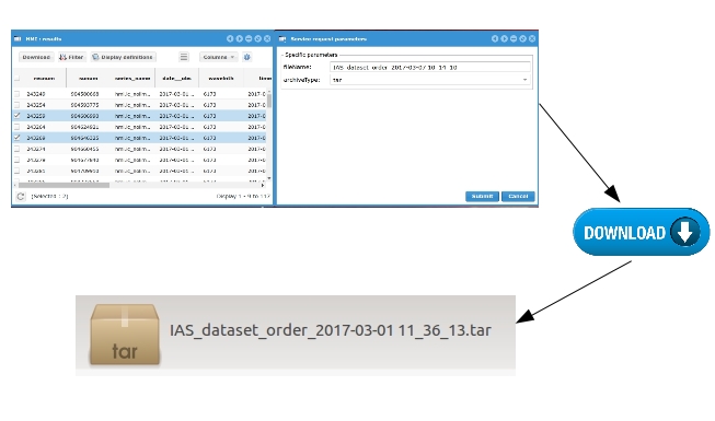 From a list of search results, select the files you want, then click on the Download button and select the compression type (TAR or ZIP).